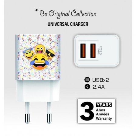 Tech One Tech Emojitech Smile Cargador de Pared Doble USB 12W 2,4A Blanco